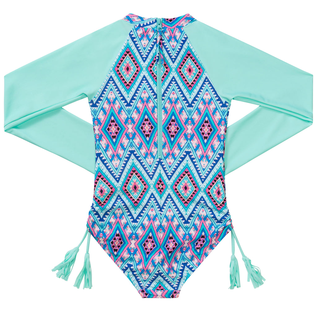 Seafolly Aztec Folk L/S Surf Tank - Emerald Blue (Size 8-14)