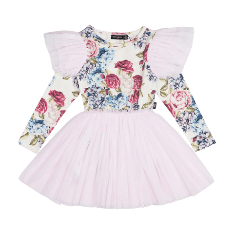 Zaza Couture Blue/Pink Floral Print Dress with Gold Frill (Size 2-12)