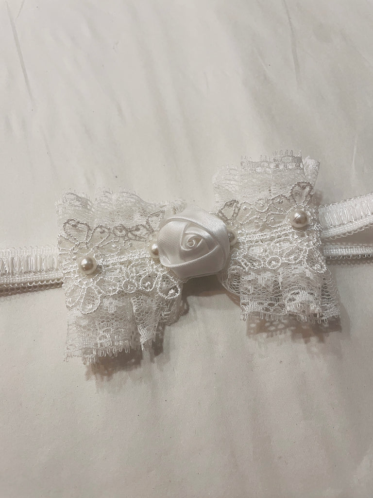 Hand Made Christeninng Headband Lace Bow with Pearl - Ivory