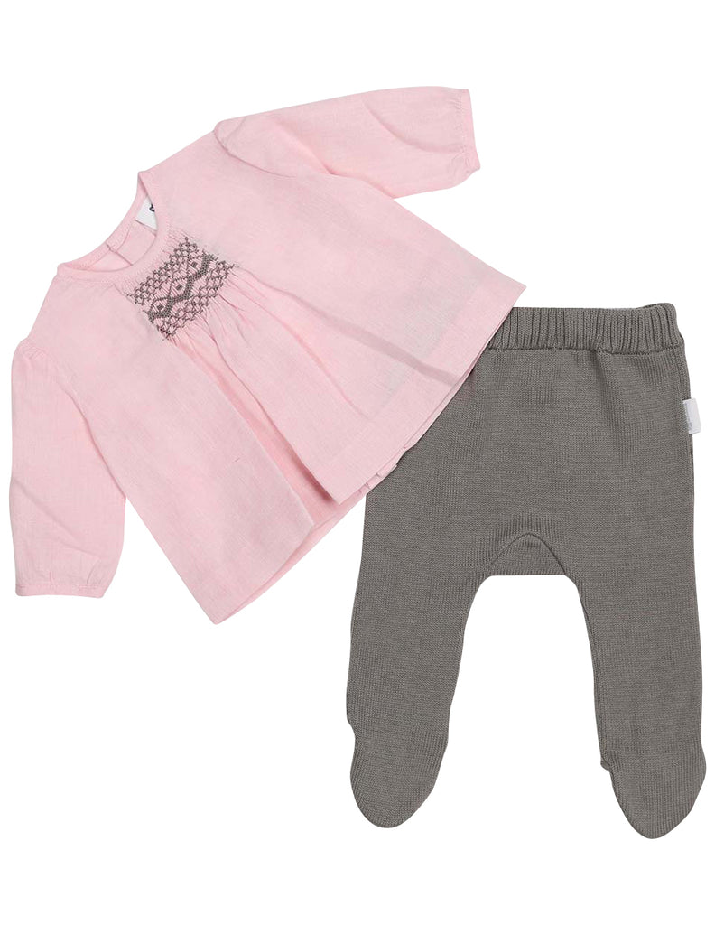 Korango Classique Girl Lined Hand Smocked Blouse with Knit Leggings - Pink/Grey