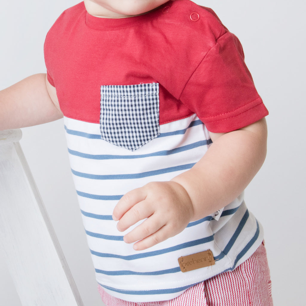 Love Henry Baby Boys Pocket Tee - Red/Blue Stripe (Size NB-2)